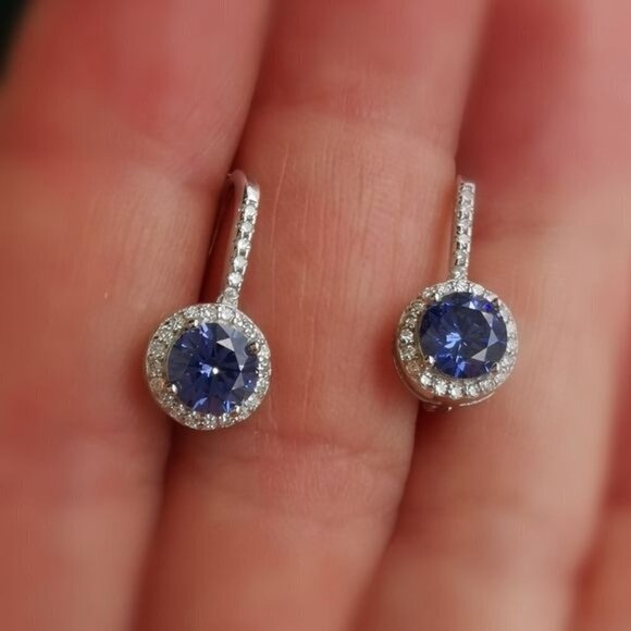 NEW Tanzanite CZ halo drop earrings in Sterling Silver lever back - Picture 2 of 7